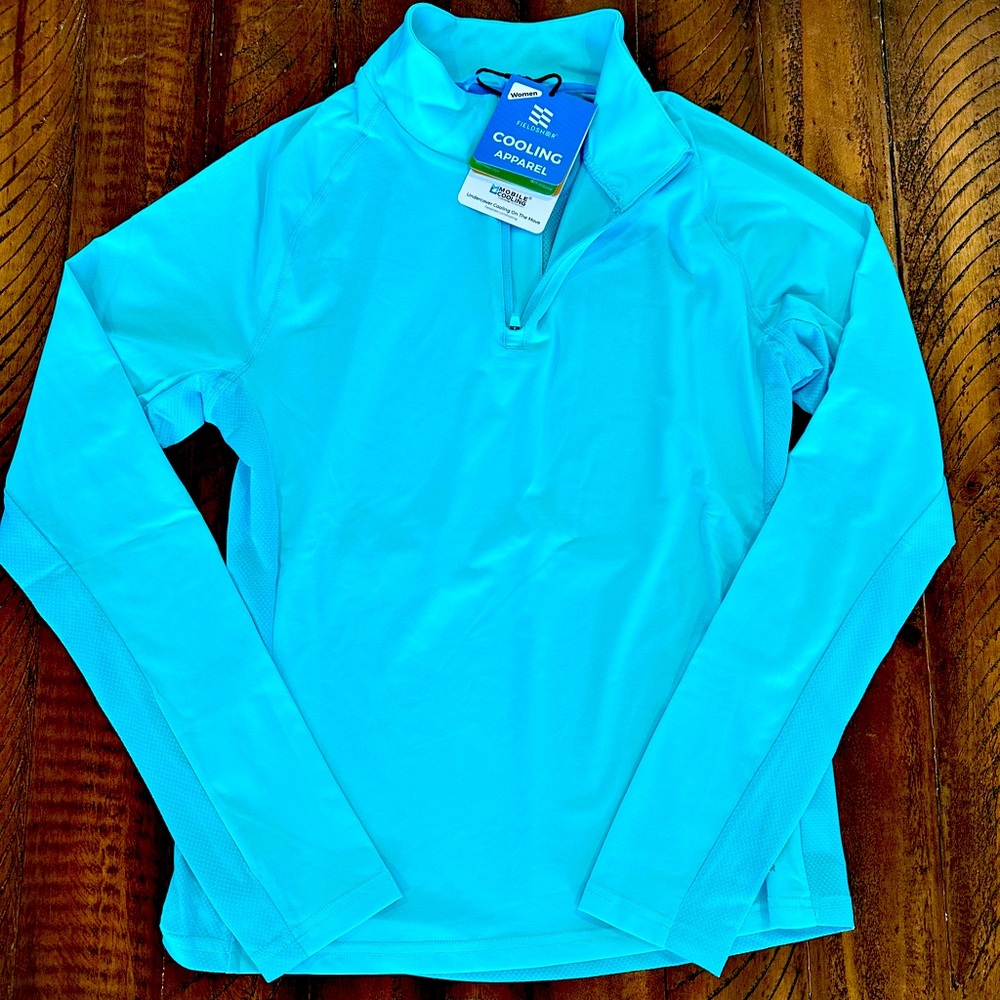 Equestrian Athletic long sleeve 1/4 Zip in Aqua with SPF & Cooling Technology.